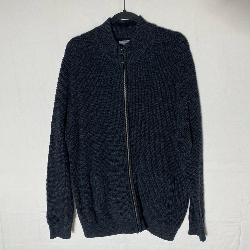 Denver Hayes Dark Grey Waffle Knit Full Zip Mock Neck Cardigan Sweater L
